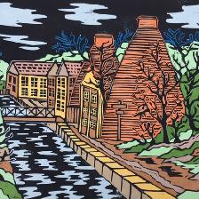 A more dramatic version of the Coalport bottle kilns. The process involved an initial print, hand colouring and then over-printing in black.