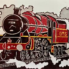 LMS Jubilee class 4-6-0 loco - Leander. Available as original framed linocut ( 34cm x 28cm ) £70 plus p&p; greetings card £2.75, coaster £4.00.